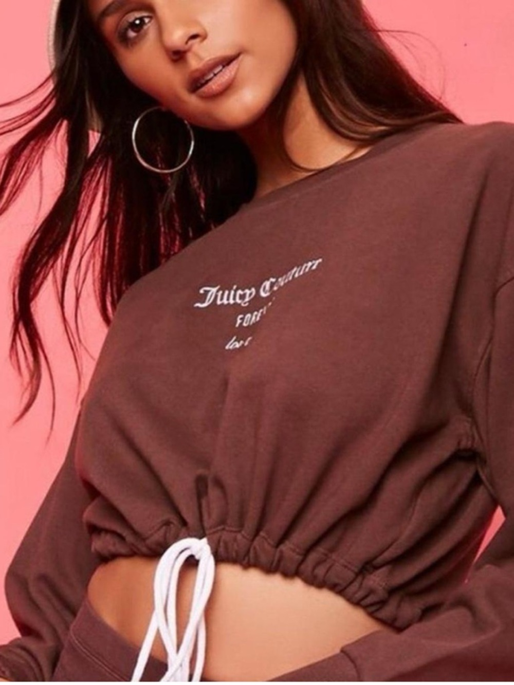 Juicy Couture Brown Cropped Drawstring Sweatshirt with White Logo